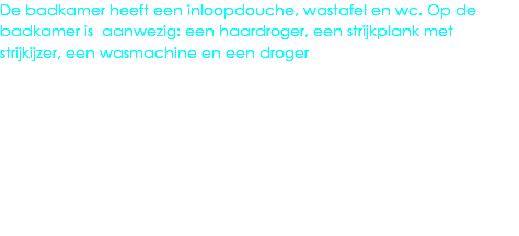De badkamer heeft een inloopdouche, wastafel en wc. Op de badkamer is aanwezig: een haardroger, een strijkplank met strijkijzer, een wasmachine en een droger