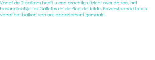 Vanaf de 2 balkons heeft u een prachtig uitzicht over de zee, het havenplaatsje Las Galletas en de Pico del Teide. Bovenstaande foto is vanaf het balkon van ons appartement gemaakt.