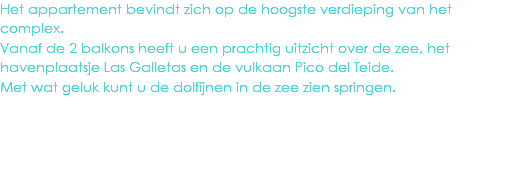 Het appartement bevindt zich op de hoogste verdieping van het complex.
Vanaf de 2 balkons heeft u een prachtig uitzicht over de zee, het havenplaatsje Las Galletas en de vulkaan Pico del Teide.
Met wat geluk kunt u de dolfijnen in de zee zien springen.