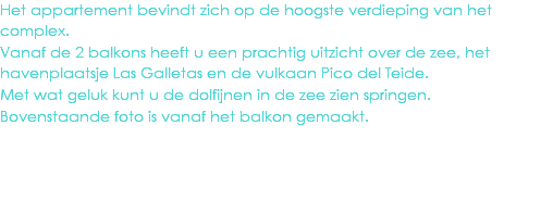 Het appartement bevindt zich op de hoogste verdieping van het complex.
Vanaf de 2 balkons heeft u een prachtig uitzicht over de zee, het havenplaatsje Las Galletas en de vulkaan Pico del Teide.
Met wat geluk kunt u de dolfijnen in de zee zien springen.
Bovenstaande foto is vanaf het balkon gemaakt.