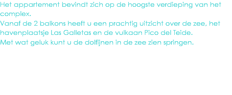 Het appartement bevindt zich op de hoogste verdieping van het complex.
Vanaf de 2 balkons heeft u een prachtig uitzicht over de zee, het havenplaatsje Las Galletas en de vulkaan Pico del Teide.
Met wat geluk kunt u de dolfijnen in de zee zien springen.
