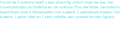 Vanaf de 2 balkons heeft u een prachtig uitzicht over de zee, het havenplaatsje Las Galletas en de vulkaan Pico del Teide. De balkons beschikken over 4 terrasstoelen met kussens, 2 verstelbare stoelen met kussens, 1 grote tafel en 1 klein tafeltje, een parasol en een ligbed.